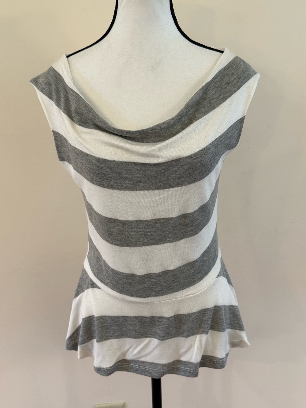 Monteau Striped Gray & White Peplum Cowl Neck Women's Top size Small